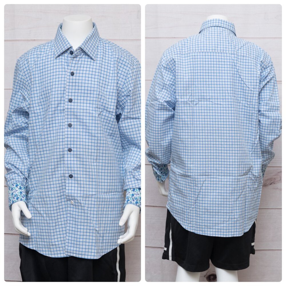 Boys Robert Graham Size LARGE (14-16) Blue Plaid Long Sleeve Cuff Dress Shirt EX